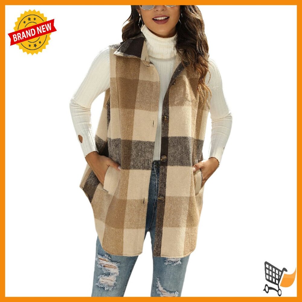 Women's Flannel Plaid Vest Sleeveless Button Down Shirt Jacket Pockets
